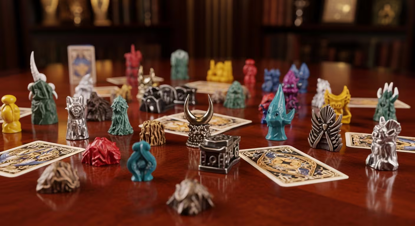 Élégante mise en lumière de jeux de table rares avec des cartes et jetons lumineux dans un cadre luxueux de casino Spinpokio